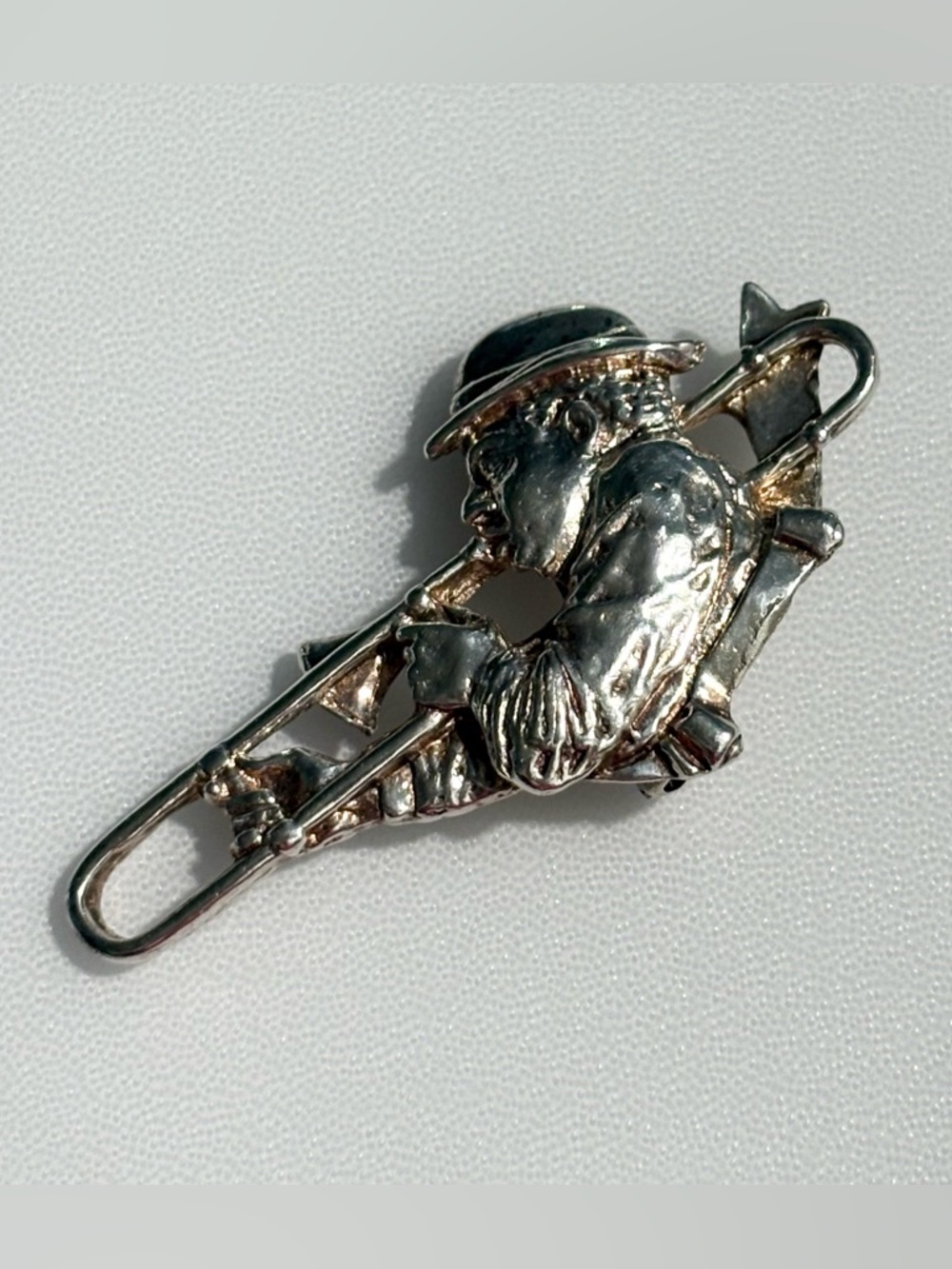 Vintage Silver Plated Mignon Trombone Player Brooch Pin Back Stamped Mf 96